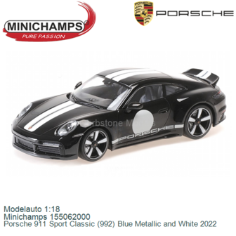 Modelauto 1:18 | Minichamps 155062000 | Porsche 911 Sport Classic (992) Blue Metallic and White 2022