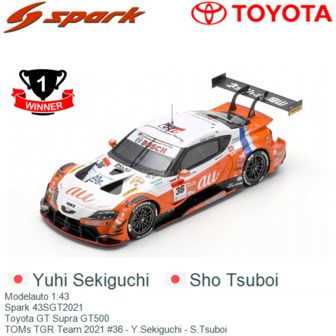 Modelauto 1:43 | Spark 43SGT2021 | Toyota GT Supra GT500 | TOMs TGR Team 2021 #36 - Y.Sekiguchi - S.Tsuboi