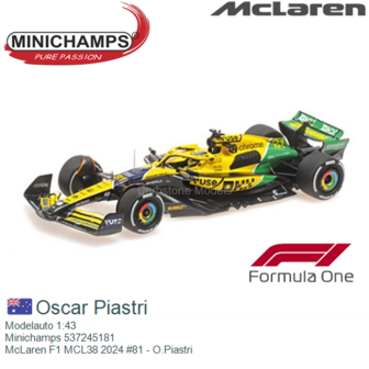 Modelauto 1:43 | Minichamps 537245181 | McLaren F1 MCL38 2024 #81 - O.Piastri