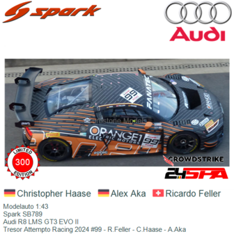 Modelauto 1:43 | Spark SB789 | Audi R8 LMS GT3 EVO II | Tresor Attempto Racing 2024 #99 - R.Feller - C.Haase - A.Aka