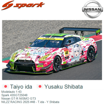 Modelauto 1:43 | Spark 43SGT25048 | Nissan GT-R NISMO GT3 | NILZZ RACING 2025 #48 - T.ida - Y.Shibata 