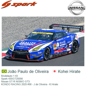 Modelauto 1:43 | Spark 43SGT25056 | Nissan GT-R NISMO GT3 | KONDO RACING 2025 #56 - J.de Oliveira - K.Hirate