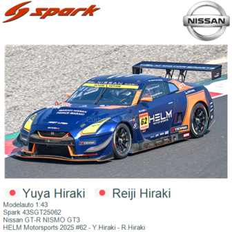 Modelauto 1:43 | Spark 43SGT25062 | Nissan GT-R NISMO GT3 | HELM Motorsports 2025 #62 - Y.Hiraki - R.Hiraki