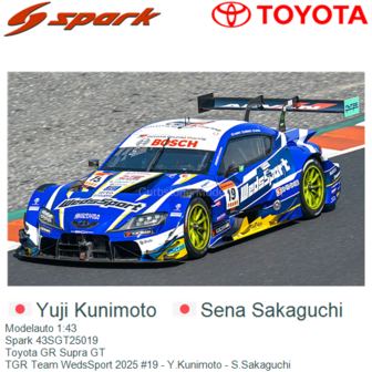 Modelauto 1:43 | Spark 43SGT25019 | Toyota GR Supra GT | TGR Team WedsSport 2025 #19 - Y.Kunimoto - S.Sakaguchi