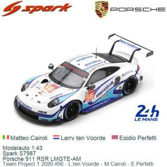 Modelauto 1:43 | Spark S7987 | Porsche 911 RSR LMGTE-AM | Team Project 1 2020 #56 - L.ten Voorde - M.Cairoli - E.Perfetti
