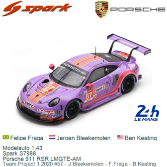 Modelauto 1:43 | Spark S7988 | Porsche 911 RSR LMGTE-AM | Team Project 1 2020 #57 - J.Bleekemolen - F.Fraga - B.Keating