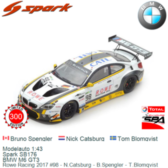 Modelauto 1:43 | Spark SB176 | BMW M6 GT3 | Rowe Racing 2017 #98 - N.Catsburg - B.Spengler - T.Blomqvist