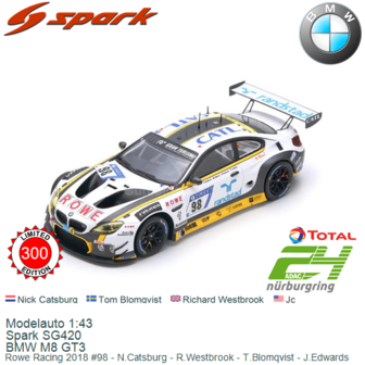 Modelauto 1:43 | Spark SG420 | BMW M8 GT3 | Rowe Racing 2018 #98 - N.Catsburg - R.Westbrook - T.Blomqvist - J.Edwards