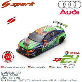 Modelauto 1:43 | Spark SG701 | Audi RS3 LMS | Bonk Motorsport 2020 #171 - A.Moentmann - H.Bock  - M.Partl - A.Prinz