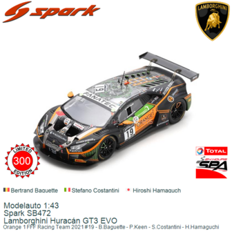 Modelauto 1:43 | Spark SB472 | Lamborghini Hurac&aacute;n GT3 EVO | Orange 1 FFF Racing Team 2021 #19 - B.Baguette - P.Keen - S.C