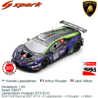 Modelauto 1:43 | Spark SB477 | Lamborghini Hurac&aacute;n GT3 EVO | Emil Frey Racing 2021 #114 - K.Lappalainen - A.Rougier - J.Ai