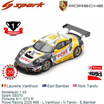 Modelauto 1:43 | Spark SB370 | Porsche 911 GT3 R | Rowe Racing 2020 #98 - L.Vanthoor - N.Tandy - E.Bamber