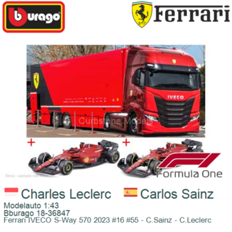 Modelauto 1:43 | Bburago 18-36847 | Ferrari IVECO S-Way 570 2023 #16 #55 - C.Sainz - C.Leclerc