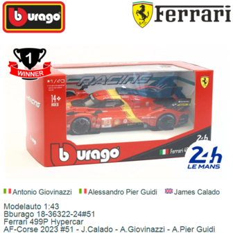 Modelauto 1:43 | Bburago 18-36322-24#51 | Ferrari 499P Hypercar | AF-Corse 2023 #51 - J.Calado - A.Giovinazzi - A.Pier Guidi