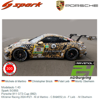 Modelauto 1:43 | Spark SG955 | Porsche 911 GT3 Cup (992) | KKr&auml;mer Racing 2024 #121 - M.di Martino - C.Br&amp;#252;ck - F.