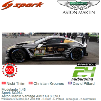Modelauto 1:43 | Spark SG964 | Aston Martin Vantage AMR GT3 EVO | Walkenhorst Motorsport 2024 #34 - N.Thiim - D.Pittard - C.Kro