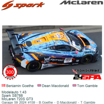 Modelauto 1:43 | Spark SB788 | McLaren 720S GT3 | Garage 59 2024 #159 - B.Goethe - D.Macdonald - T.Gamble