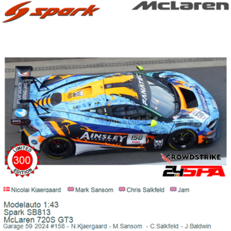 Modelauto 1:43 | Spark SB813 | McLaren 720S GT3 | Garage 59 2024 #158 - N.Kjaergaard - M.Sansom  - C.Salkfeld - J.Baldwin