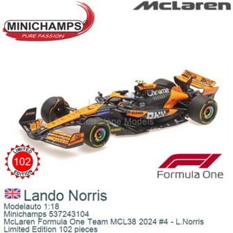 Modelauto 1:18 | Minichamps 537243104 | McLaren Formula One Team MCL38 2024 #4 - L.Norris