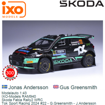 Modelauto 1:43 | IXO-Models RAM940 | Skoda Fabia Rally2 WRC | Tok Sport Racing 2024 #22 - G.Greensmith - J.Andersson