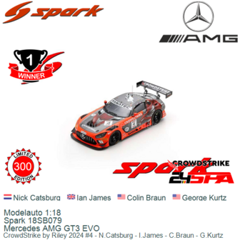 Modelauto 1:18 | Spark 18SB079 | Mercedes AMG GT3 EVO | CrowdStrike by Riley 2024 #4 - N.Catsburg - I.James - C.Braun - G.Kurtz