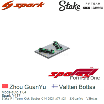 Modelauto 1:64 | Spark Y417 | Stake F1 Team Kick Sauber C44 2024 #77 #24 - Z.GuanYu - V.Bottas