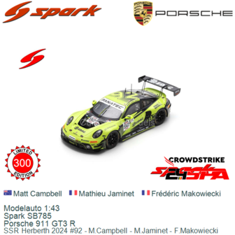 Modelauto 1:43 | Spark SB785 | Porsche 911 GT3 R | SSR Herberth 2024 #92 - M.Campbell - M.Jaminet - F.Makowiecki