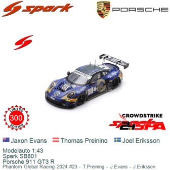 Modelauto 1:43 | Spark SB801 | Porsche 911 GT3 R | Phantom Global Racing 2024 #23 - T.Preining - J.Evans - J.Eriksson