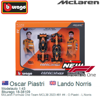 Modelauto 1:43 | Bburago 18-38109 | McLaren Formula One Team MCL38 2023 #81 #4 - O.Piastri - L.Norris