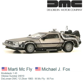 Modelauto 1:43 | Vitesse Sunstar 24010 | DeLorean DMC 12 Zilver 1983 - M.Mc Fly - M.Fox