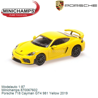 Modelauto 1:87 | Minichamps 870067602 | Porsche 718 Cayman GT4 981 Yellow 2019