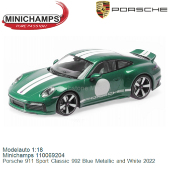Modelauto 1:18 | Minichamps 110069204 | Porsche 911 Sport Classic 992 Blue Metallic and White 2022