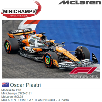 Modelauto 1:43 | Minichamps 537246181 | McLaren MCL38 | MCLAREN FORMULA 1 TEAM 2024 #81 - O.Piastri