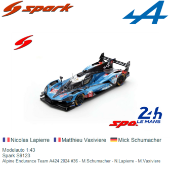 Modelauto 1:43 | Spark S9123 | Alpine Endurance Team A424 2024 #36 - M.Schumacher - N.Lapierre - M.Vaxiviere