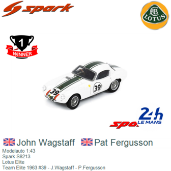 Modelauto 1:43 | Spark S8213 | Lotus Elite | Team Elite 1963 #39 - J.Wagstaff - P.Fergusson