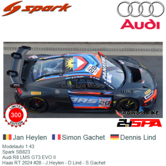 Modelauto 1:43 | Spark SB823 | Audi R8 LMS GT3 EVO II | Haas RT 2024 #28 - J.Heylen - D.Lind - S.Gachet