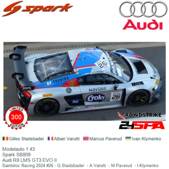 Modelauto 1:43 | Spark SB809 | Audi R8 LMS GT3 EVO II | Sainteloc Racing 2024 #26 - G.Stadsbader  - A.Varutti  - M.Paverud  - I