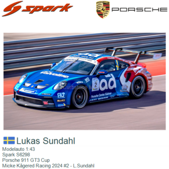 Modelauto 1:43 | Spark S6298 | Porsche 911 GT3 Cup | Micke K&aring;gered Racing 2024 #2 - L.Sundahl