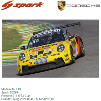 Modelauto 1:43 | Spark S6299 | Porsche 911 GT3 Cup | Brandt Racing 2024 #544 - M.M&amp;#252;ller