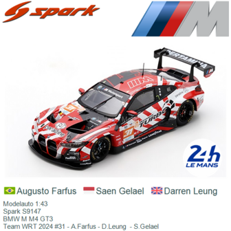 Modelauto 1:43 | Spark S9147 | BMW M M4 GT3 | Team WRT 2024 #31 - A.Farfus - D.Leung  - S.Gelael