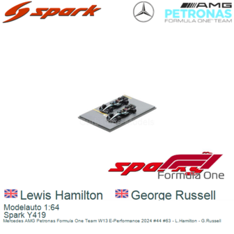 Modelauto 1:64 | Spark Y419 | Mercedes AMG Petronas Formula One Team W13 E-Performance 2024 #44 #63 - L.Hamilton - G.Russell