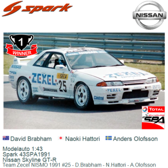 Modelauto 1:43 | Spark 43SPA1991 | Nissan Skyline GT-R | Team Zecel NISMO 1991 #25 - D.Brabham - N.Hattori - A.Olofsson