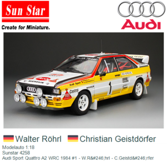 Modelauto 1:18 | Sunstar 4258 | Audi Sport Quattro A2 WRC 1984 #1 - W.R&amp;#246;hrl - C.Geistd&amp;#246;rfer
