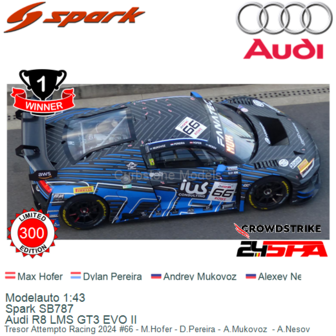 Modelauto 1:43 | Spark SB787 | Audi R8 LMS GT3 EVO II | Tresor Attempto Racing 2024 #66 - M.Hofer - D.Pereira - A.Mukovoz  - A.
