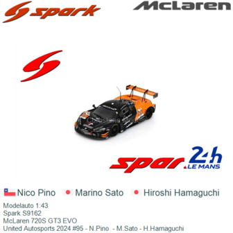 Modelauto 1:43 | Spark S9162 | McLaren 720S GT3 EVO | United Autosports 2024 #95 - N.Pino  - M.Sato - H.Hamaguchi