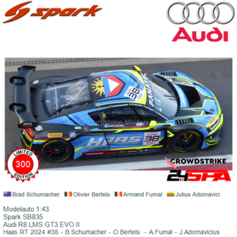 Modelauto 1:43 | Spark SB835 | Audi R8 LMS GT3 EVO II | Haas RT 2024 #38 - B.Schumacher - O.Bertels  - A.Fumal - J.Adomavicius