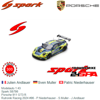 Modelauto 1:43 | Spark SB786 | Porsche 911 GT3 R | Rutronik Racing 2024 #96 - P.Niederhauser - S.Muller - J.Andlauer