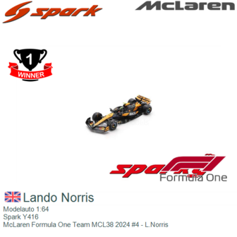 Modelauto 1:64 | Spark Y416 | McLaren Formula One Team MCL38 2024 #4 - L.Norris