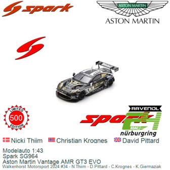 Modelauto 1:43 | Spark SG964 | Aston Martin Vantage AMR GT3 EVO | Walkenhorst Motorsport 2024 #34 - N.Thiim - D.Pittard - C.Kro