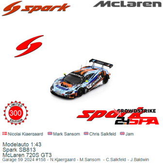 Modelauto 1:43 | Spark SB813 | McLaren 720S GT3 | Garage 59 2024 #158 - N.Kjaergaard - M.Sansom  - C.Salkfeld - J.Baldwin
